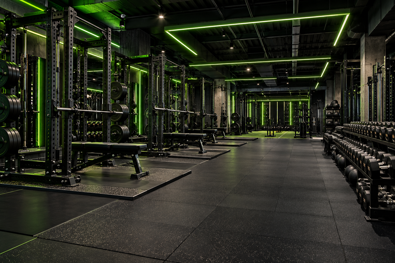 Concept artwork of a strength gym with green accent lighting